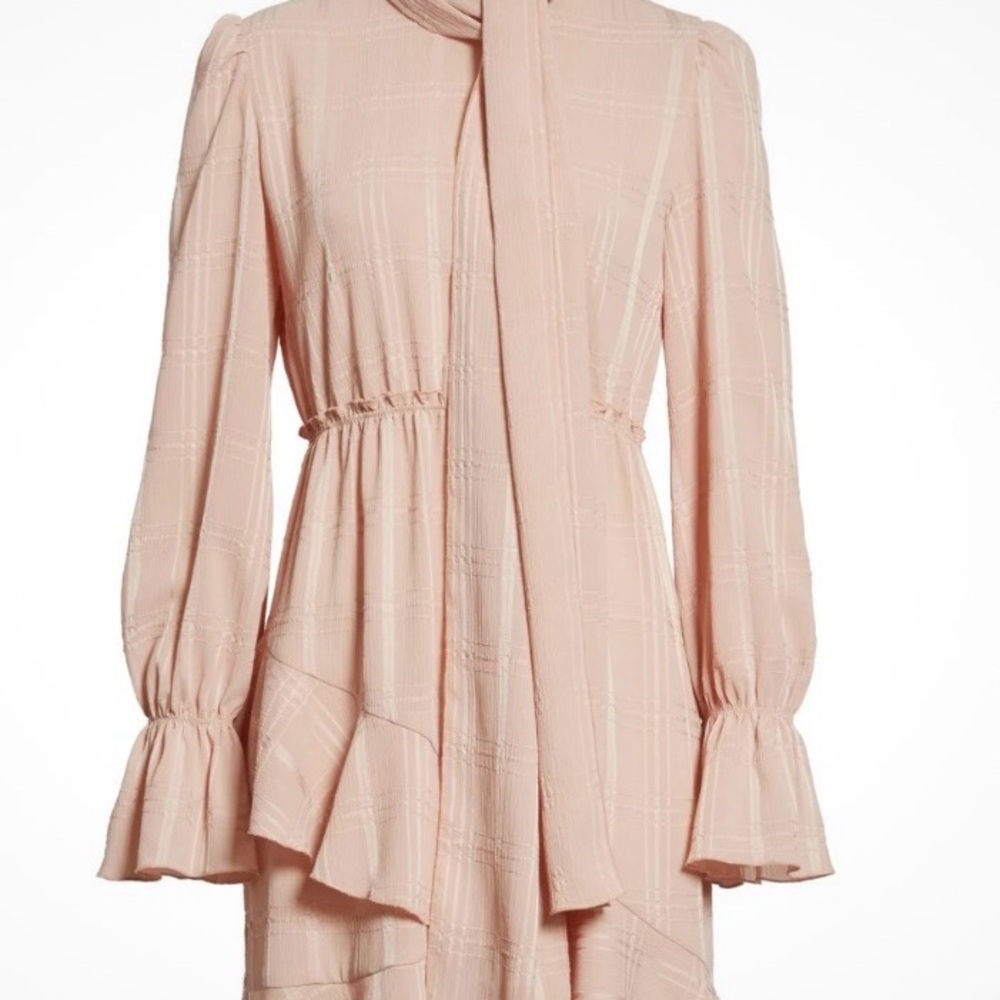 SEE by Chloe Pink Plaid Check Textured Scarf Wrap High Neck Ruffle Dress size 38 - Picture 2 of 7